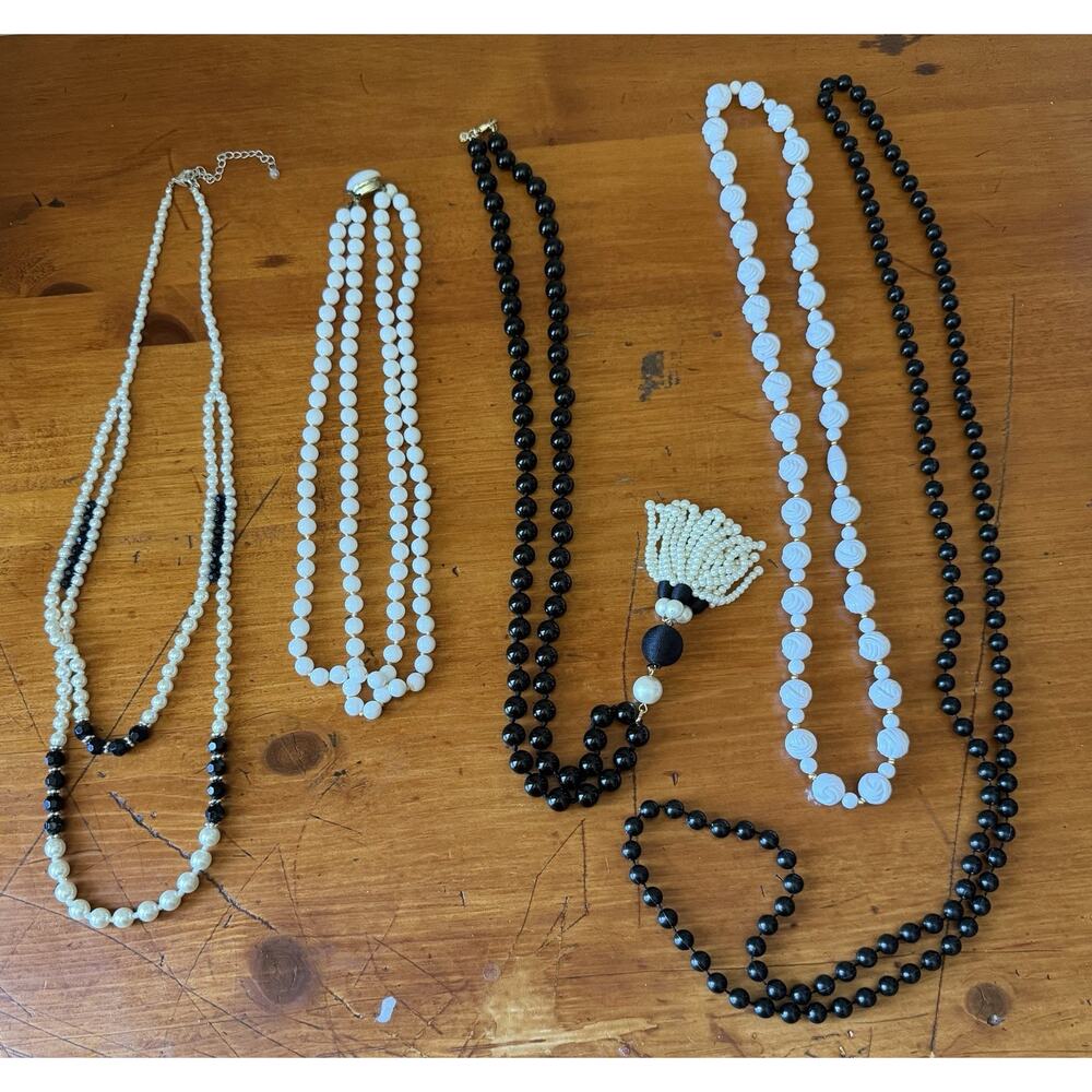 Vintage Black White Bead Necklace Lot Monochrome Costume Jewelry Collection